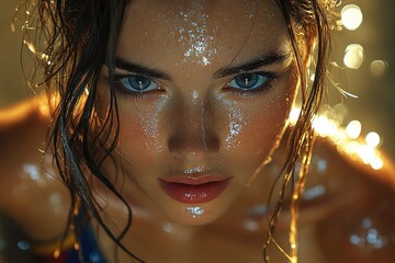 A close up shot of a woman's wet face, likely after washing or showering