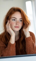 Wall Mural - Redhead woman looking in mirror, touching hair.