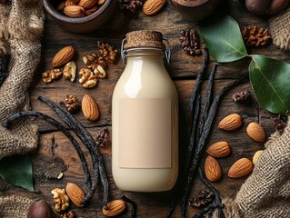 Wall Mural - A rustic scene featuring a bottle of milk surrounded by nuts, leaves, and spices on a wooden surface, emphasizing natural ingredients and earthy tones.