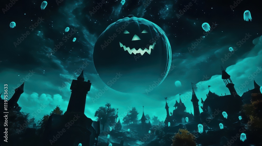 Gigantic glowing jack-o'-lantern dominates a dark, spooky Halloween
