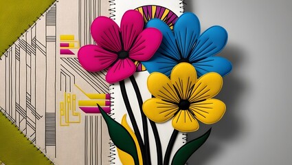 Wall Mural - Featuring a hand-stitched background with eye-catching graphic flowers in a modern design, the floral designs are chic and exaggerated.