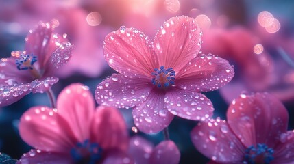 Poster - Close-up shot of pink flowers with water droplets glistening on petals