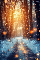 Wall Mural - Golden Hour Magic A Snowy Forest Path Illuminates with Warm Winter Light and Sparkling Snowflakes.