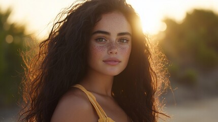 Poster - Young woman with freckles, curly hair, sunset.