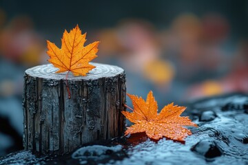 A single orange leaf sits atop a weathered wooden stump in a natural setting