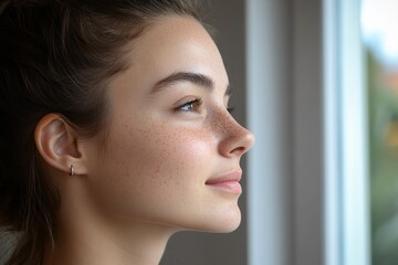 Wall Mural - Young woman's profile, freckles, looking away, window.