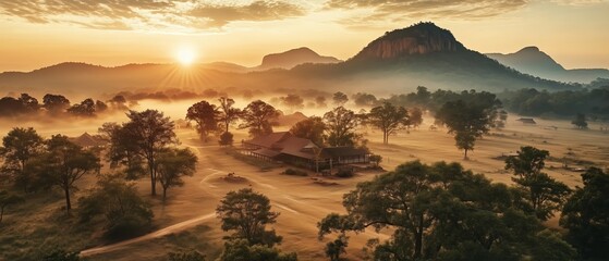 Wall Mural - beautiful landscape with a sun setting in the background. the sun is shining on the trees and the sk