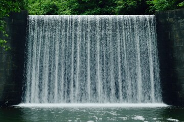 Poster - A natural waterfall flows over a stone wall in a serene environment