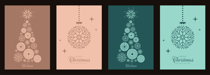 Aufkleber - Minimalistic Christmas card vector design template in trendy green and Mocha Mousse color of the year 2025. Christmas tree with baubles Decoration.