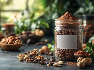 Wall Mural - A jar filled with spices and nuts surrounded by various seeds and greenery, creating a vibrant, natural kitchen scene.