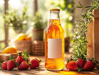 Wall Mural - A vibrant bottle of golden beverage sits on a wooden table surrounded by fresh strawberries and greenery, illuminated by warm natural light.