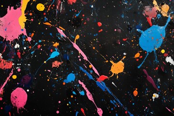 Wall Mural - Colorful painting with splatters of paint on a black background. The painting is abstract and has a sense of chaos and energy