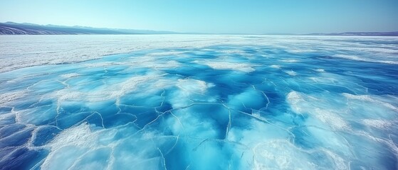 large body of water with a blue sky above it. the water is frozen, and the sky is clear and bright. 