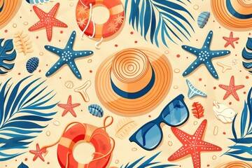 Wall Mural - a calm beach scene featuring starfish, sunglasses, and palm leaves