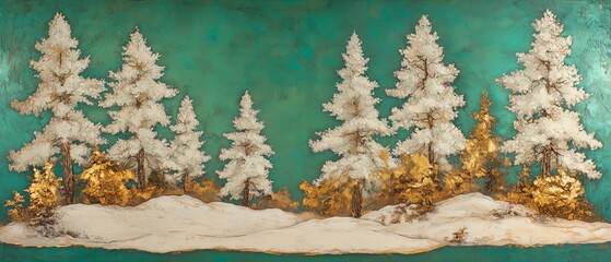 Wall Mural - Painting of a snowy forest with trees and a blue background. The trees are white and the background is green