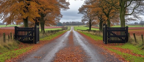 Wall Mural - road with a gate on the left and a gate on the right. the road is wet and there are trees in the bac