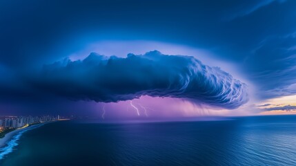Wall Mural - storm cloud is rolling in over the ocean, with lightning bolts streaking across the sky. scene is om