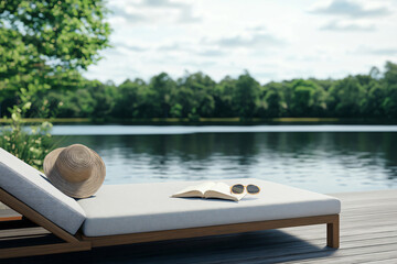 Enjoying a peaceful moment by the water with a good book and a straw hat on a modern chaise lounge