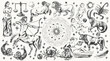 © katyabogina - Hand drawn zodiac signs illustration set. Horoscope background with astrology symbols. Leo, virgo, pisces, gemini, scorpio.