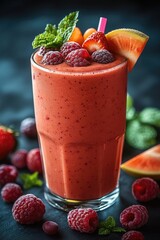 A refreshing glass of fruit smoothie topped with a slice of watermelon, perfect for a healthy snack or post-workout treat