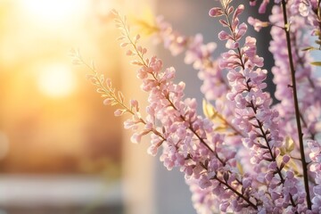 Wall Mural - Blossoming pink flowers basking in warm sunlight during a serene spring evening in a garden