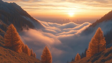 Poster - Sunset over misty mountains and distant city.