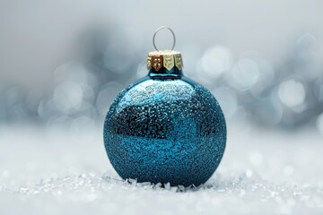 A blue Christmas ornament sits in the snow, ready for winter festivities