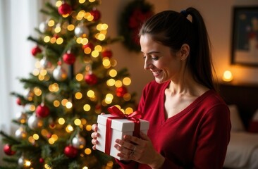 Wall Mural - A woman sits on a couch with a Christmas present by a tree