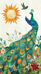 a bird with sun a nd flowers