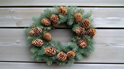 Wall Mural - Pine cone Christmas wreath elegantly arranged on rustic wooden background creating a festive holiday atmosphere