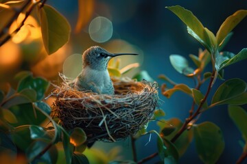 Wall Mural - Small bird perched in a tree nest, natural habitat