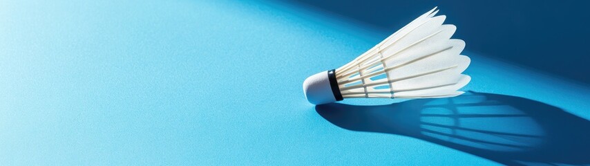 Shuttlecock on blue background casts shadow.