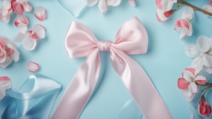 Wall Mural - Elegant pink satin ribbon bow on a pastel blue background surrounded by floral decorations and additional decorative ribbons.