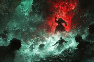 Wall Mural - Monkey King in the Underworld: The Monkey King battling fierce spirits in the dark and eerie underworld, surrounded by ghostly figures, with an ominous red glow lighting the scene, showcasing his fear