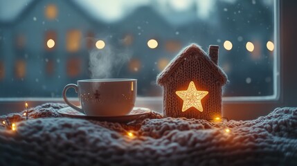 Sticker - Cozy winter still life with warm tea festive decoration and illuminated star house on a blanket near frosted window creating hygge atmosphere