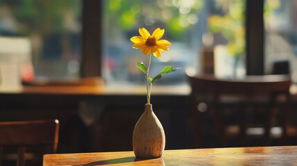 Sticker - Dried yellow flower in a rustic vase on a wooden table in a cozy cafe with natural sunlight streaming through the windows