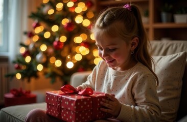 Wall Mural - A girl opens a Christmas present by the Christmas tree