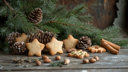 Canvas Print - Natural Christmas decorations with pine cones cookies and nuts on rustic wooden background evoking festive holiday warmth and coziness