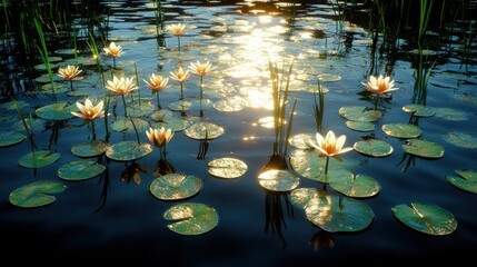 Poster - Sunset reflecting on water lilies.