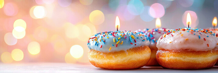 Wall Mural - Celebratory Donuts with Sprinkles Against Colorful Bokeh Background for Party Decor