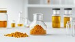 © GenZGraphics - Curcuma Powder and Chemical Components on Laboratory Table with Glassware and Bottles in Background