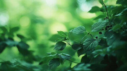 Canvas Print - Trailing Blackberry Rubus ursinus close-up with vibrant foliage and a soft focus green background showcasing nature's beauty and detail