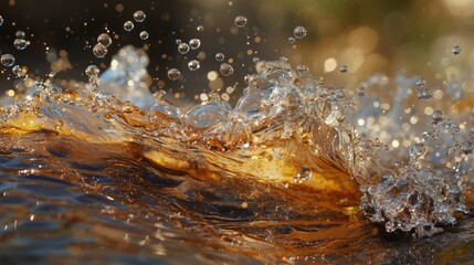 Sticker - Close up of sparkling water bubbles rising in liquid with warm golden tones and dynamic surface movement