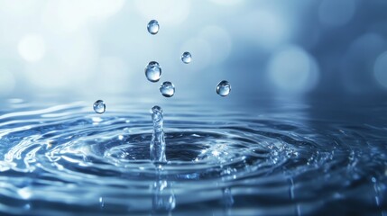 Wall Mural - A mesmerizing splash of water droplets against a soft blue background, capturing the elegance of fluid motion.