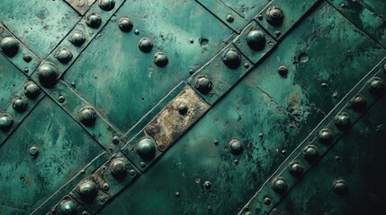 Vintage riveted steel wall texture of a railway carriage highlighting intricate details and patina of aged metal craftsmanship