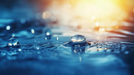 Wall Mural - Close-up of water droplets rippling on a tranquil surface, illuminated by warm sunlight.