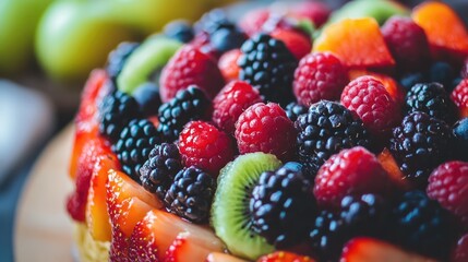 Canvas Print - Colorful fruit-topped cake showcasing vibrant berries and kiwi fresh dessert ideal for celebrations and special occasions