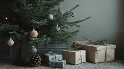 Sticker - Rustic grey themed Christmas tree with wooden decorations and presents under it in a cozy loft interior setting