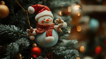 Wall Mural - Festive Christmas decorations featuring a whimsical snowman ornament on a beautifully adorned fir tree with warm bokeh lights.