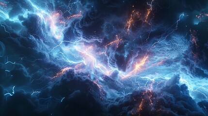 Wall Mural - This photo depicts a striking lightning abstract image of a black background illuminated by multiple lightning strikes